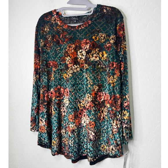 Calessa Burnout Animal Print Crew Neck Sleeve  Curve Hem Tunic 1XL NEW - Picture 1 of 2